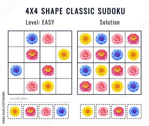 Easy 4x4 shape Classic Sudoku puzzle with colorful flowers and completed solution printable beginner logic activity