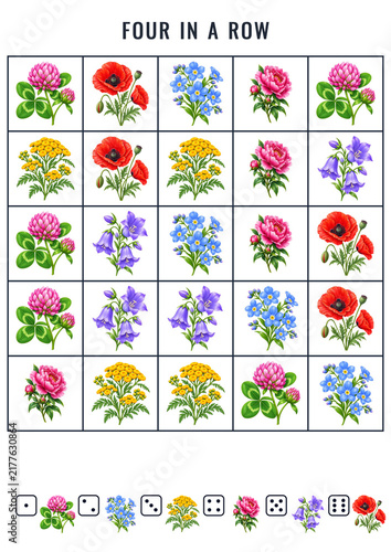Four in a row flower game worksheet with colorful floral picture grid and dice symbols printable matching activity
