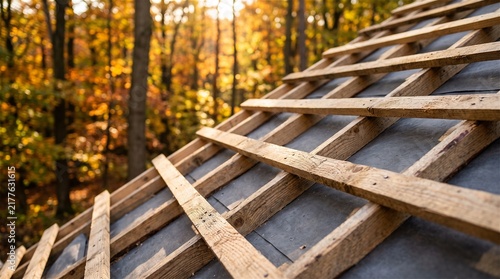 Wooden Roof Battens Construction with Autumn Forest Background