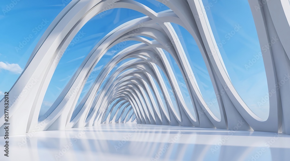Fototapeta premium Modern architectural structure with repeating white arches captured in a high resolution digital jpeg image file