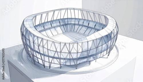 Modern stadium architectural visualization featuring structural steel framework and curved bowl design for sports venue construction project