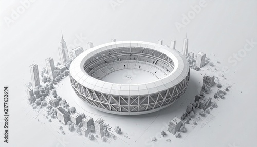 Detailed architectural sketch of a large circular stadium surrounded by city buildings and trees on a plain white background in black white