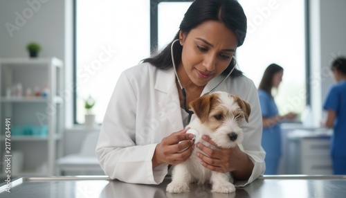 Compassionate South Asian female veterinarian using a small stethoscope to examine a cute terrier puppy on a table