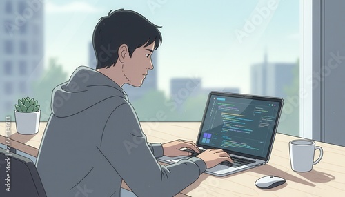 Focused software developer writing advanced code on a sleek laptop computer inside a modern corporate office overlooking the city skyline
