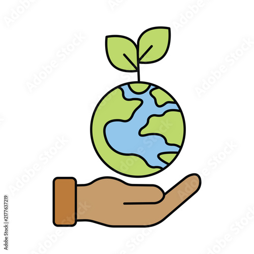 Human Hand Holding Green Earth and Growing Plant Symbolizing Environmental Protection Sustainability and Future icon vector illustration.