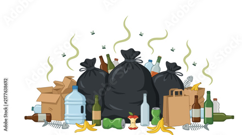 Stinky black garbage bags surrounded by piles of discarded plastic bottles and decomposing food waste items