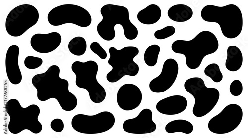 Seamless cow print pattern, black and white animal spots, abstract organic shapes