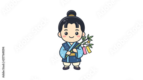 Japanese boy in traditional kimono with bamboo