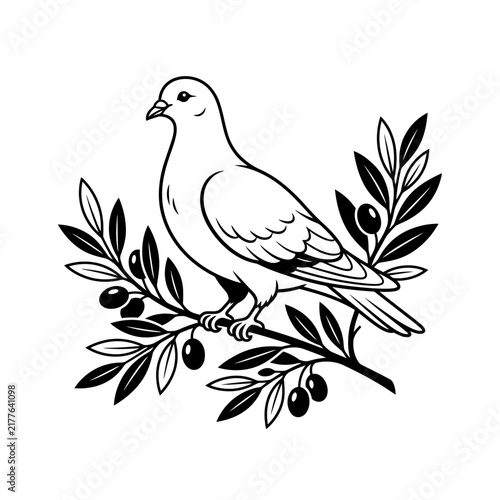 Artistic dove with olive branch monochrome vector drawing.