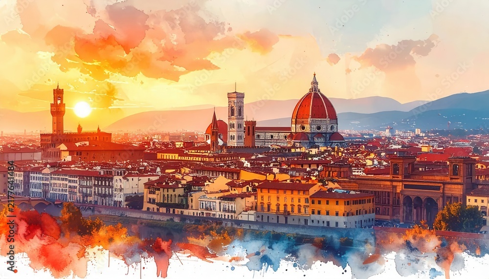 Obraz premium Warm sunset view over the Florence terracotta cityscape highlighting the Duomo and historic architectural city details