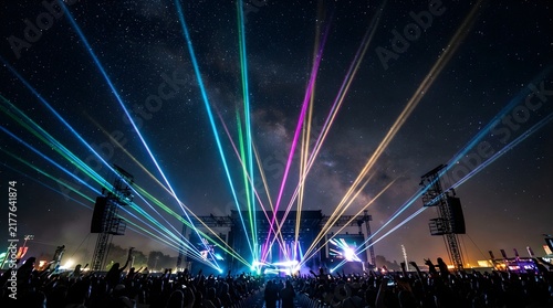 Colorful laser light show at an outdoor music festival under starry night