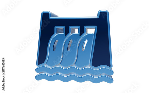 Hydroelectric Dam Icon: A stylized blue icon representing a hydroelectric dam with water flowing through its spillways, symbolizing renewable energy and power generation.
