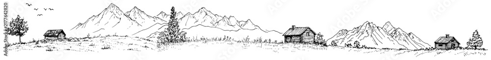 Fototapeta premium Mountain landscape with rustic wooden cabins and flying birds hand drawn doodle style