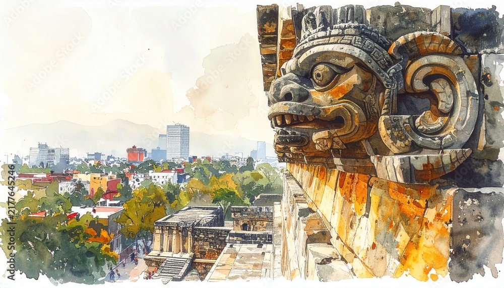 Obraz premium Ancient Mayan style stone carved deity sculpture overlooking a modern city skyline at sunset in a beautiful detailed watercolor illustration