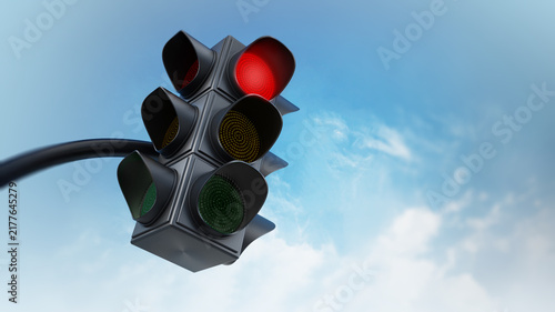 Green traffic light against blue sky. 3D illustration