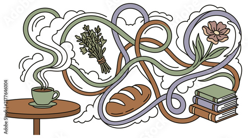 Maximalist Aromatic Concept Illustration of Sensory Perception and Cozy Home Comforts featuring Fresh Bread Coffee and Flowers for Culinary Arts and Mental Wellbeing Marketing