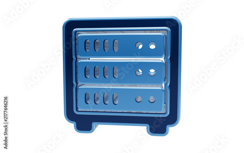 Plakat Server Rack Icon: A minimalist blue icon representing a server rack, symbolizing data storage, cloud computing, and network infrastructure.