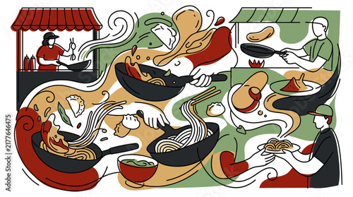 Dynamic Asian Street Food Gastronomy Concept Illustration Depicting Fast-Paced Culinary Arts with Wok Stir-Frying, Steam, and Chefs for Food Festival Marketing and Culinary Education Material