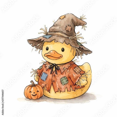 A cute rubber ducky dressed as a scarecrow with a witch hat, wearing a patched shirt, sits next to a carved pumpkin, embodying the spirit of Halloween and autumn.