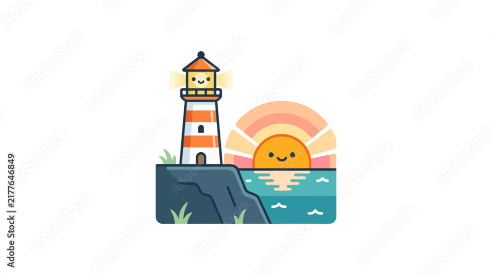 Fototapeta premium Cute lighthouse on cliff with happy sun and ocean
