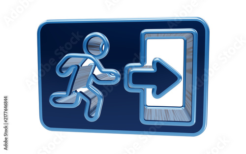 Konstfotografi Exit Sign Graphic: A metallic, chrome-like 3D graphic of a running figure exiting a doorway, represented by a blue sign with a white door and an arrow, symbolizing an emergency exit or a way out