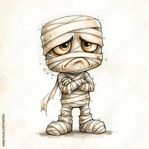 A sad, bandaged mummy with a grumpy expression stands with crossed arms, illustrated in a charming, whimsical style.