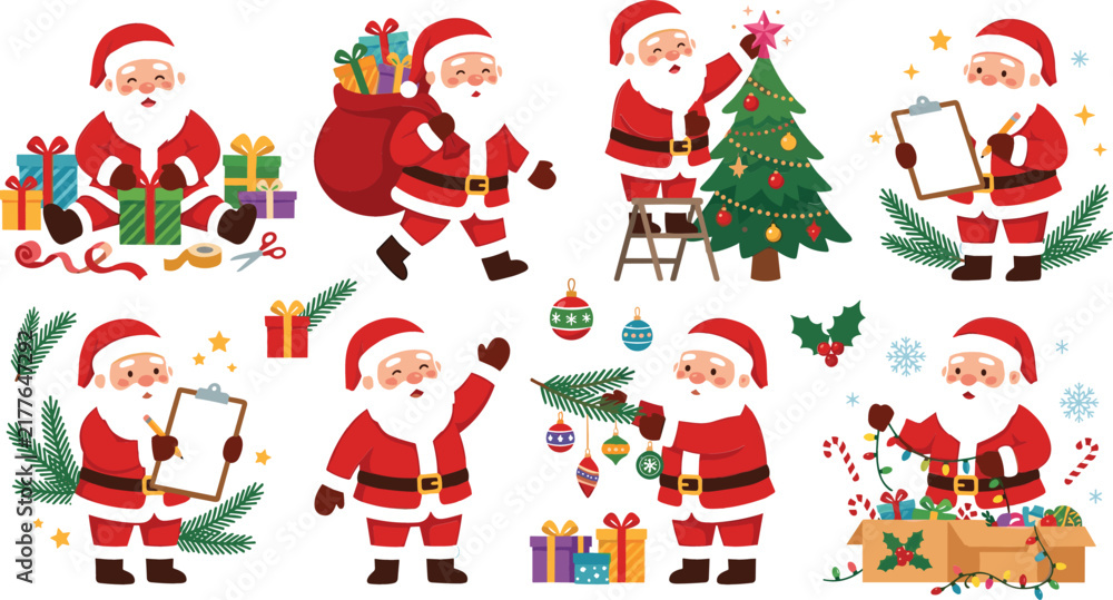 Naklejka premium Cute Christmas Santa Claus Character Vector Illustration Collection with Poses for Gift Wrapping, Decorating Trees, Writing Lists, and Holding Holiday Present Sacks