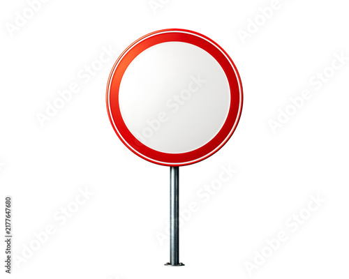Blank circular road sign with red border and steel post