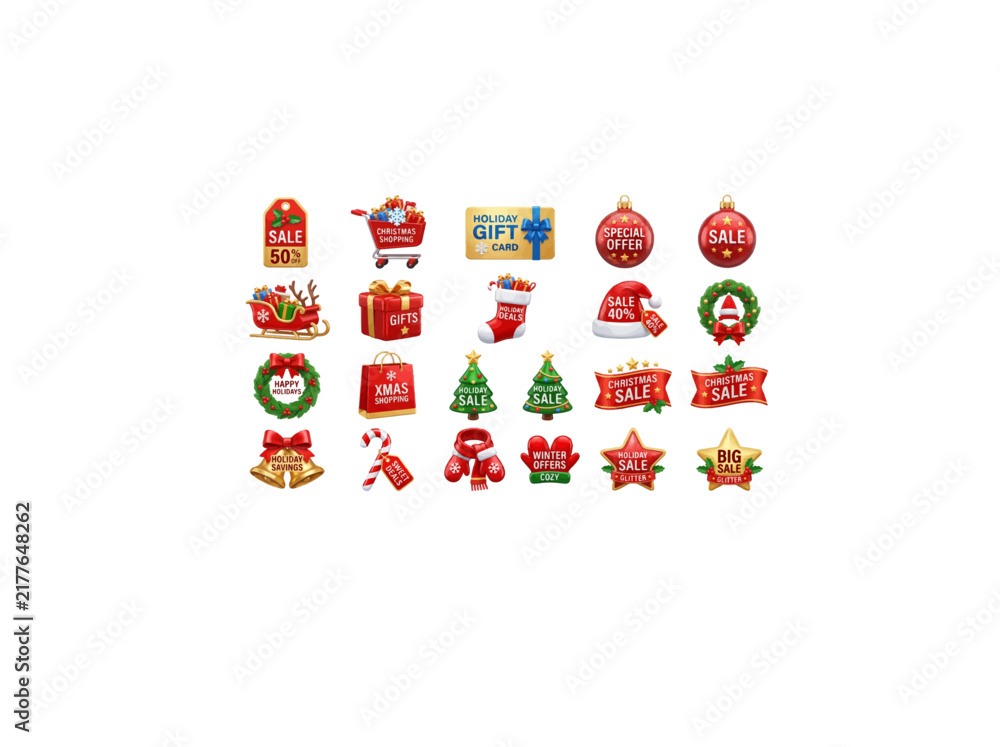 Fototapeta premium Christmas Icon Set: A vibrant collection of festive icons, including gift boxes, Santa hats, Christmas trees, baubles, bells, and candy canes, perfect for holiday-themed designs.