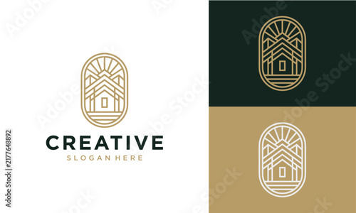 Minimalist line art cabin in forest mountain and sun rays logo design template