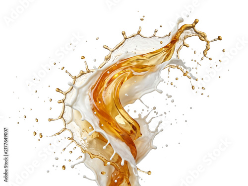 Amber Splash and White Swirl: A dynamic and captivating explosion of amber liquid intermingles with a creamy white substance, creating an abstract dance of fluid motion.