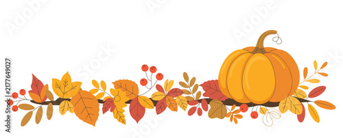 Autumnal border featuring a large orange pumpkin, colorful fall leaves, and clusters of red berries on a dark brown branch against a white background