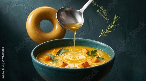 Saffron soup ripples beneath a floating ceramic ring