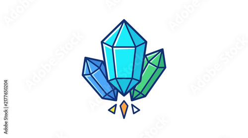 Set of blue and green magical floating crystals.