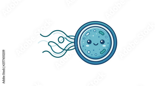 Cute blue microbe with flagella and happy face.