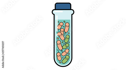 Glass test tube filled with cute colorful microbes.