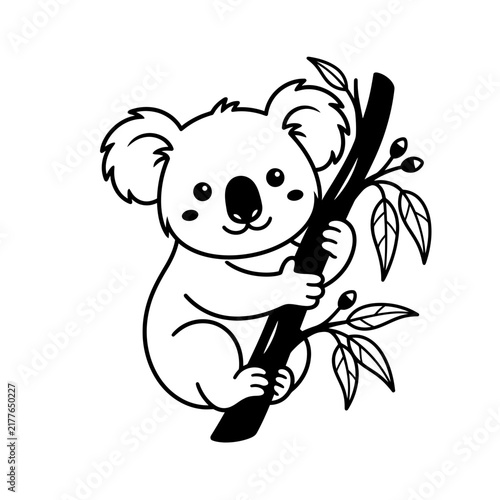 Black and white koala line art on branch