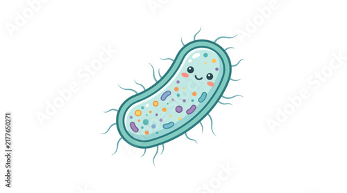 Smiling blue bacteria cell with flagella and spots.
