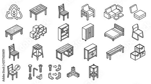 Outline isometric icons of wooden eco furniture and assembly
