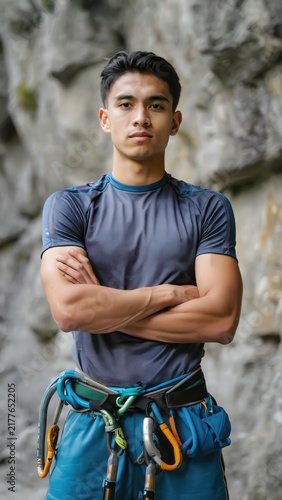 Focused Male Rock Climber Stands Confident Before Cliff Face, Ready for Adventure and Outdoor Challenge.