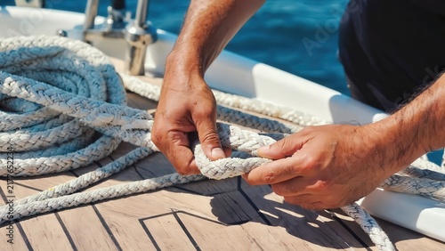 Sailor's hands expertly tying a nautical knot on a teak deck of a luxury yacht, showcasing maritime skill and precision.