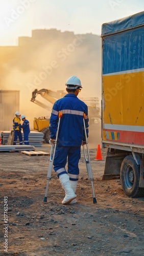 Injured Construction Worker with Crutches at Job Site, Safety Incident, Rehabilitation, Recovery, and Returning to Work.