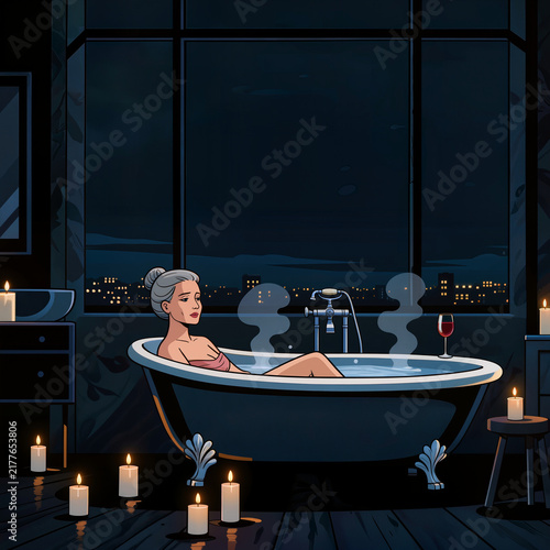 Mature Woman Relaxing in Candlelit Bath at Night