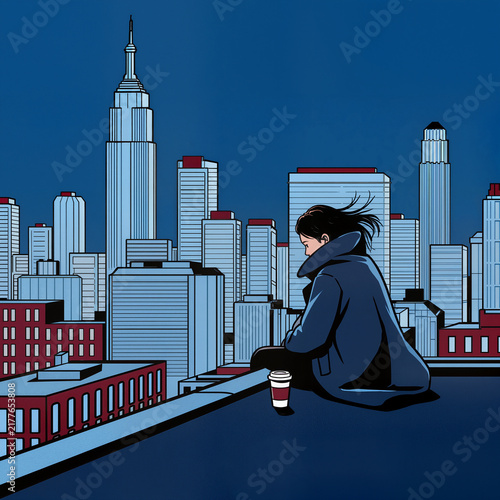 Woman Contemplating City Skyline From Rooftop