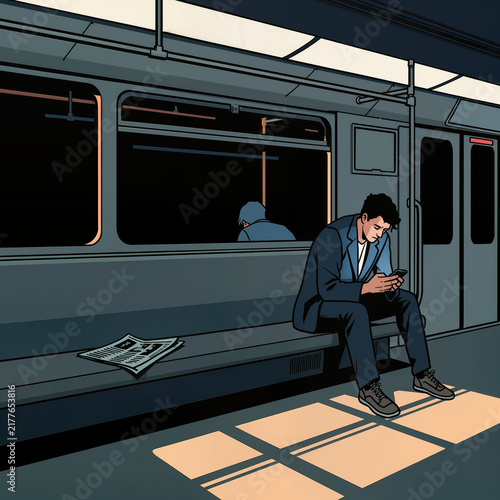 Businessman Using Smartphone Alone on Night Train