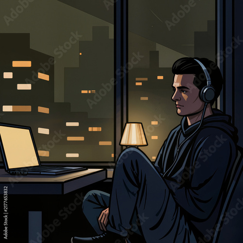 Young Man Listening to Music Beside Laptop