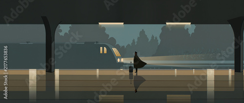 Lone Traveler Waiting for Train at Night
