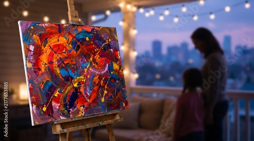 Colorful Abstract Canvas Painting on Wooden Easel at Balcony Overlooking City Skyline at Sunset