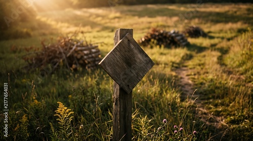Wooden signpost on a grassy path bathed in golden sunlight, evoking a sense of natural exploration and serene outdoor adventure