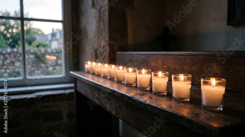 Row of glowing white votive candles on a wooden shelf inside a rustic stone chapel at dusk providing a spiritual atmosphere